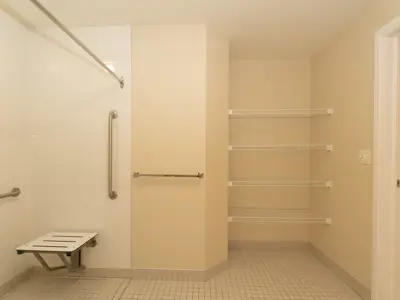 Shower with seat and linen shelves