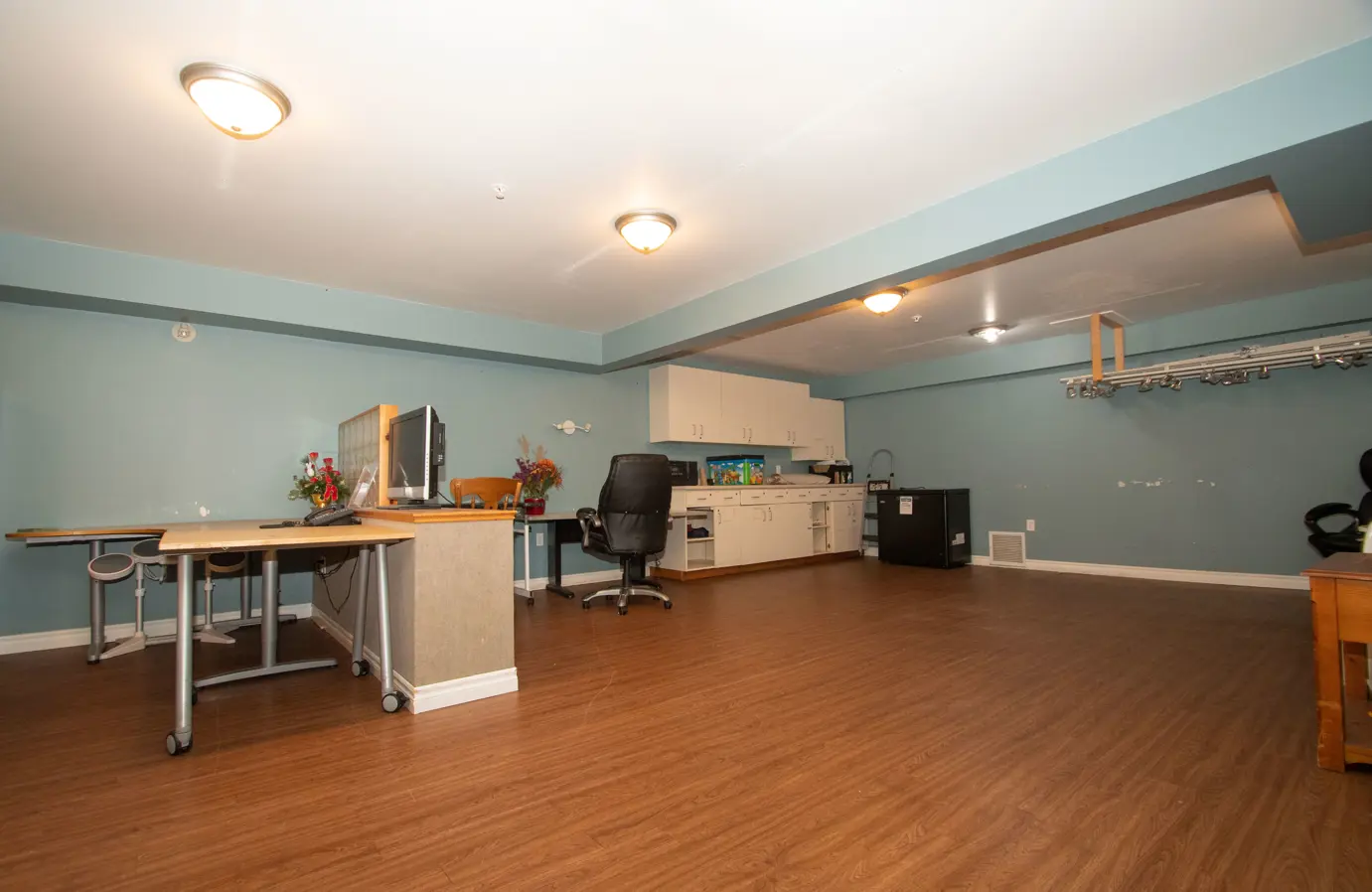 Other side of basement with kitchenette and desk area