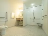 Accessible bathroom with toilet, vanity and wheel-in shower, with support bars and stool in shower